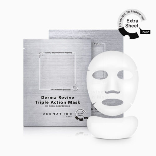 Bild der Derma Revive Triple Action Mask von DERMATHOD, inklusive der Gesichtsmaske und Verpackung, feuchtigkeitsspendend und hautberuhigend