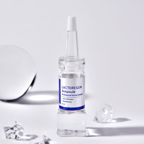 Transparente Ampulle der LACTOREGEN Ampoule mit 6 ml Inhalt, auf weißem Hintergrund fotografiert. Produkt für Anti-Falten- und Aufhellungsbehandlungen.