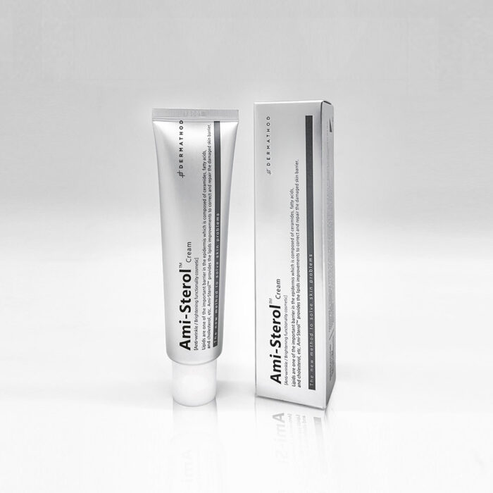 Ami-Sterol™ Creme – dermatologische Hautpflege in weißer Tube mit moderner Verpackung, präsentiert auf hellem Hintergrund