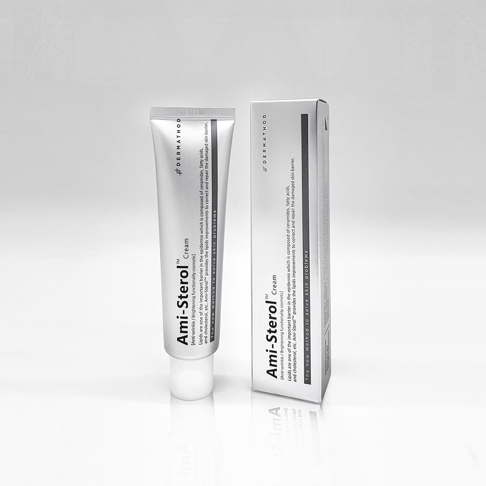 Ami-Sterol™ Creme – dermatologische Hautpflege in weißer Tube mit moderner Verpackung, präsentiert auf hellem Hintergrund
