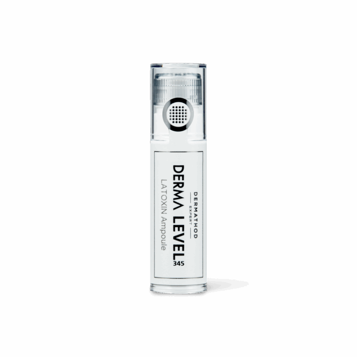 Transparente Ampulle mit schwarzem Dosierkopf – DERMA LEVEL 345 LATOXIN Ampoule von DERMATHOD zur Faltenglättung