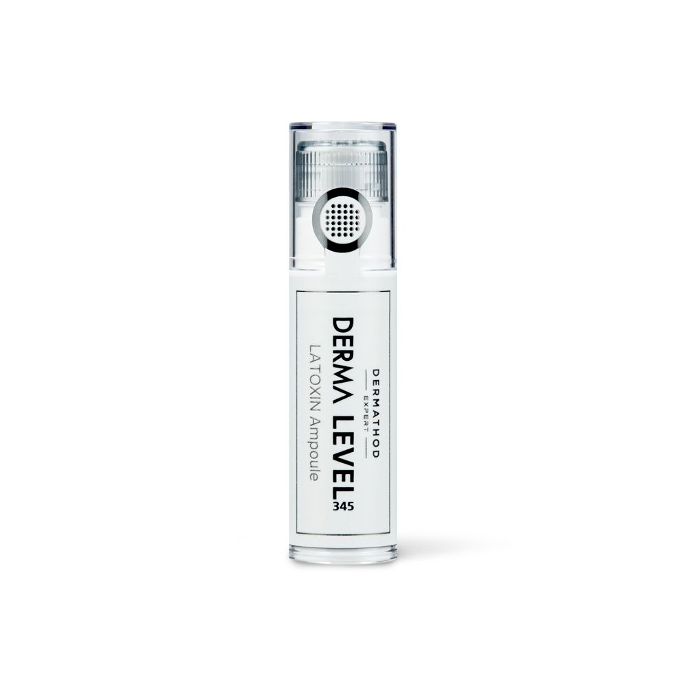 Transparente Ampulle mit schwarzem Dosierkopf – DERMA LEVEL 345 LATOXIN Ampoule von DERMATHOD zur Faltenglättung
