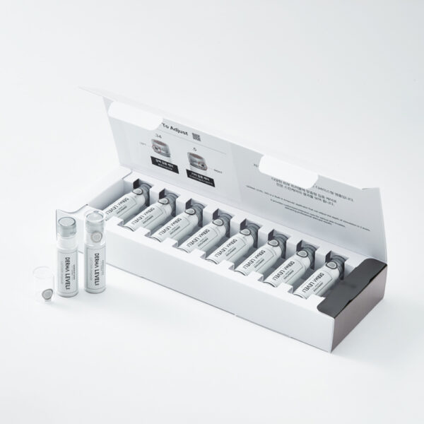 Durchsichtige Ampulle mit hochwertigem Spenderkopf, Produktname „DERMA LEVEL 345 LATOXIN Ampoule“ auf weißem Etikett.