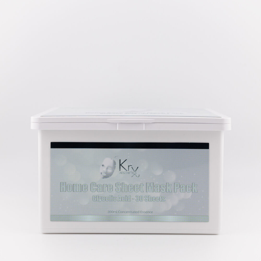 Weiße Box der KRX Home Care Sheet Mask mit goldenem Etikett und Aufschrift „Tranexamic Acid + Arbutin – 30 Sheets“, 300 ml konzentrierte Essenz.
