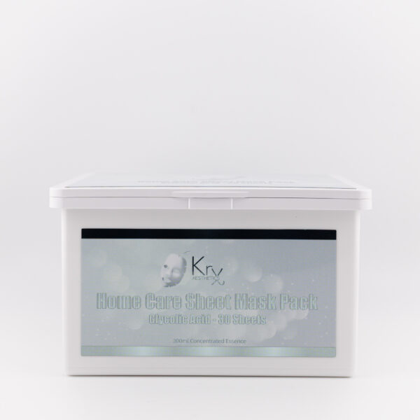 Weiße Box der KRX Home Care Sheet Mask Pack mit silber-blauer Beschriftung „Glycolic Acid – 30 Sheets“, 300 ml konzentrierte Essenz.