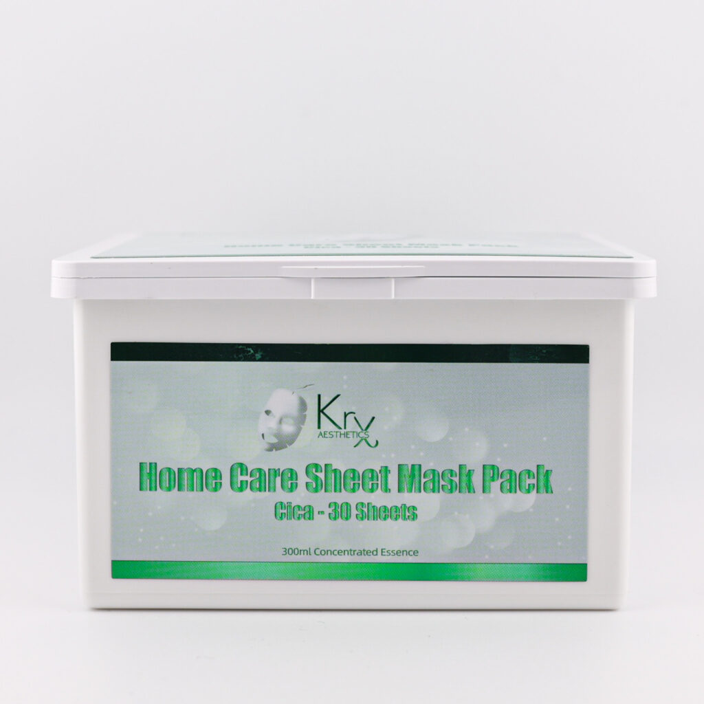 Weiße Box der KRX Home Care Sheet Mask Pack mit grünem Etikett und Beschriftung „Cica – 30 Sheets“, fotografiert in der Mediathek-Ansicht.