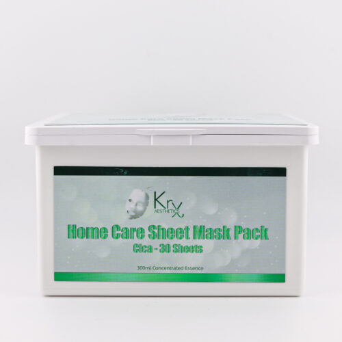 Weiße Box der KRX Home Care Sheet Mask Pack mit grünem Etikett und Beschriftung „Cica – 30 Sheets“, fotografiert in der Mediathek-Ansicht.
