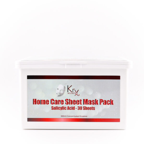 Weiße Box der KRX Home Care Sheet Mask mit rotem Etikett und Beschriftung „Salicylic Acid – 30 Sheets“, 300 ml konzentrierte Essenz.