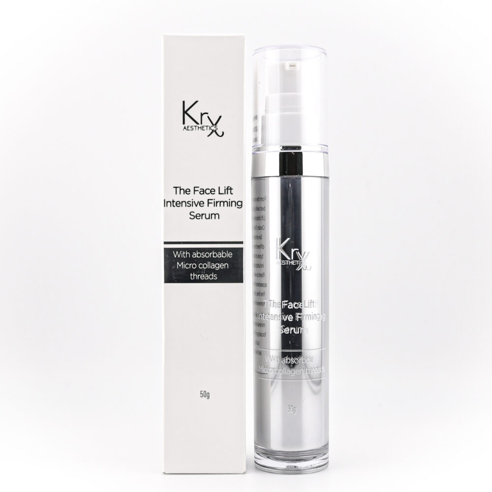 KrX Aesthetics The Face Lift Intensive Firming Serum – eleganter, silberner Pumpspender neben passender Verpackung auf hellem Hintergrund.