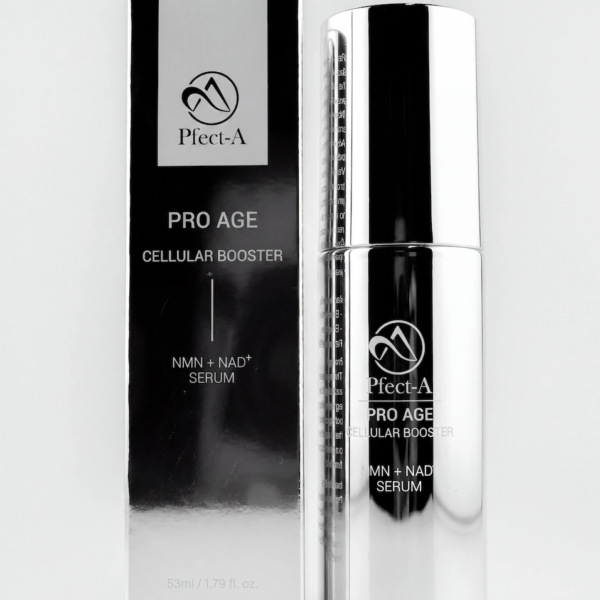 Pfect-A NMN+ NAD+ Serum mit Verpackung und silberner Flasche