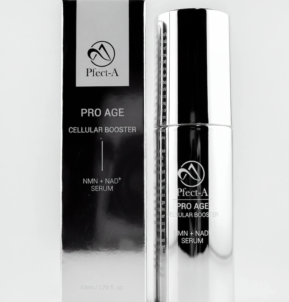 Pfect-A NMN+ NAD+ Serum mit Verpackung und silberner Flasche