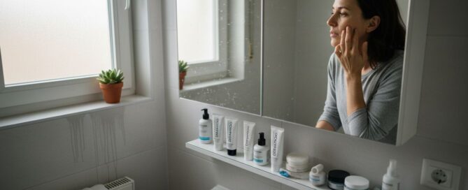 Eine Frau steht vor einem Badezimmerspiegel und berührt ihr Gesicht, während mehrere Dermathod-Hautpflegeprodukte auf dem Waschbeckenrand stehen.