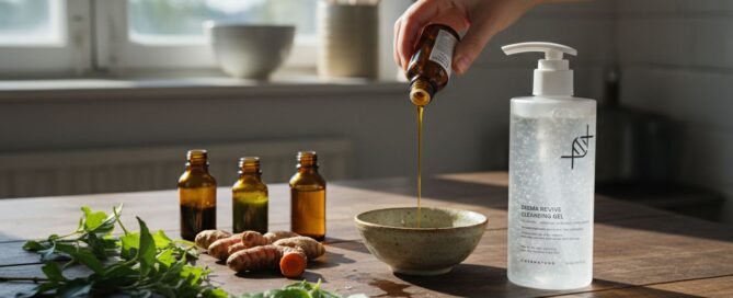 Eine Hand gießt eine Flüssigkeit aus einer kleinen Glasflasche in eine Schale auf einem Tisch. Daneben steht eine große Flasche vom Derma Revive Cleaning Gel