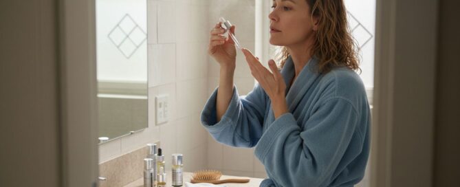 Eine Frau steht im Badezimmer vor dem Spiegel und trägt mit einer Pipette ein Pflegeprodukt auf ihr Gesicht auf.