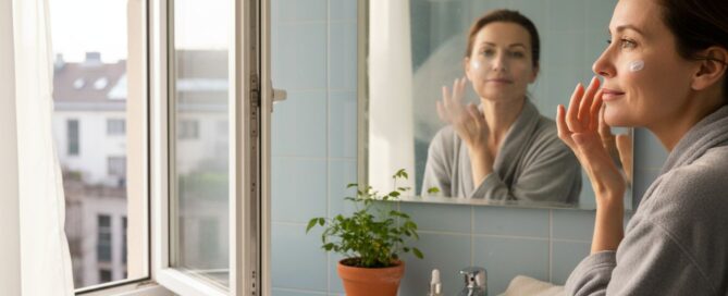 Eine Frau steht im Badezimmer vor dem Spiegel und trägt mit den Fingern Creme auf ihr Gesicht auf.