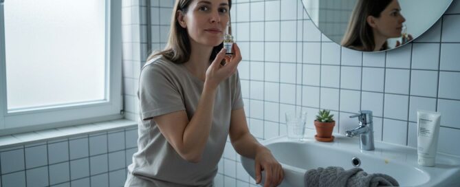 Eine Frau sitzt im Badezimmer am Waschbecken und hält ein kleines Fläschchen eines Pflegeprodukts in der Hand.