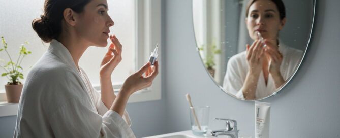 Eine Frau steht im Badezimmerund trägt ein Serum auf ihr Gesicht auf.