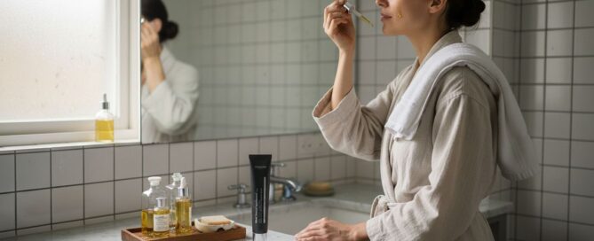 Eine Frau steht im Badezimmer und trägt mit einer Pipette Gesichtsöl auf.