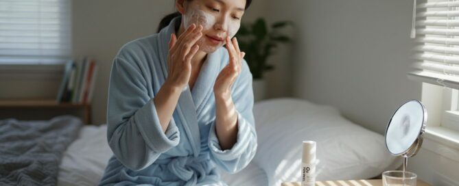 Koreanische Frau sitzt auf dem Bett und cremt sich mit dem O2 Tox Peel ein