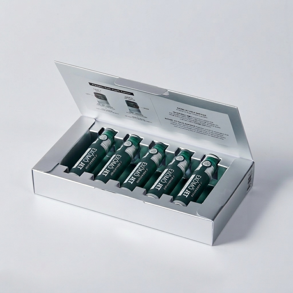 Dermathod EXO MO JET Folix Ampullen Set – Verpackung geöffnet Exosomen Kopfhaut Behandlung Dermathod Folix Ampullen Set in geöffneter Verpackung für Haarwachstum