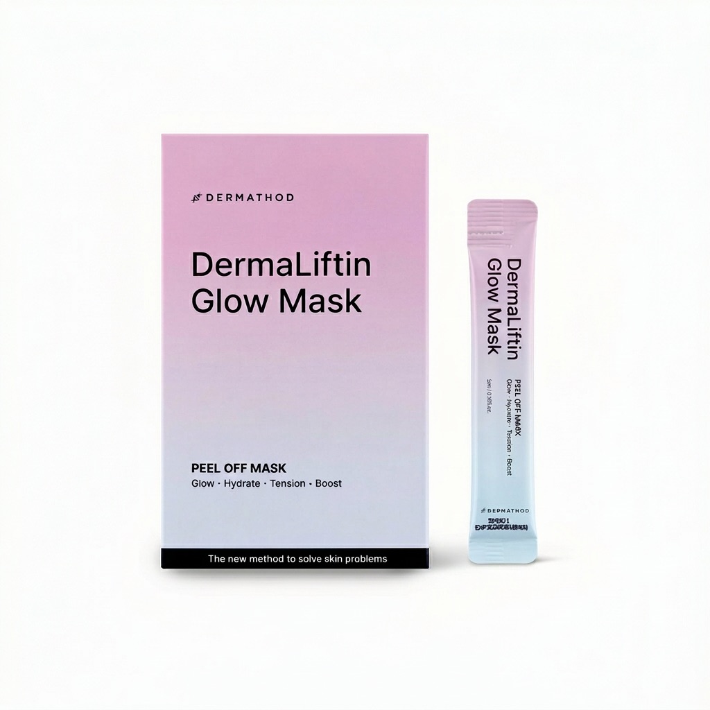 DermaLiftin Glow Mask Verpackung und Einzelmaske Dermathod DermaLiftin Glow Mask Verpackung mit einzelnem 5 ml Sachet