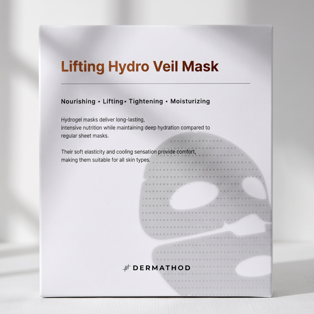 Nahaufnahme der Dermathod Lifting Hydro Veil Mask Verpackung mit Hydrogel-Maskenstruktur