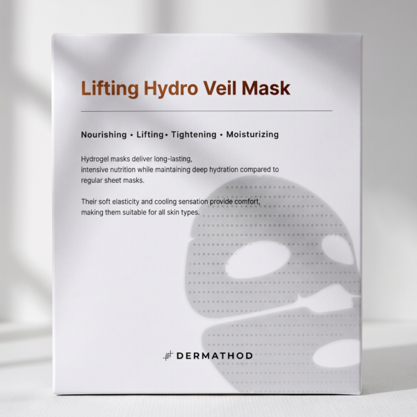 Nahaufnahme der Dermathod Lifting Hydro Veil Mask Verpackung mit Hydrogel-Maskenstruktur
