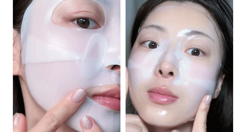 Dermathod Lifting Hydro Veil Mask auf der Haut Dermathod Lifting Hydro Veil Mask liegt als transparente Hydrogel-Maske auf dem Gesicht